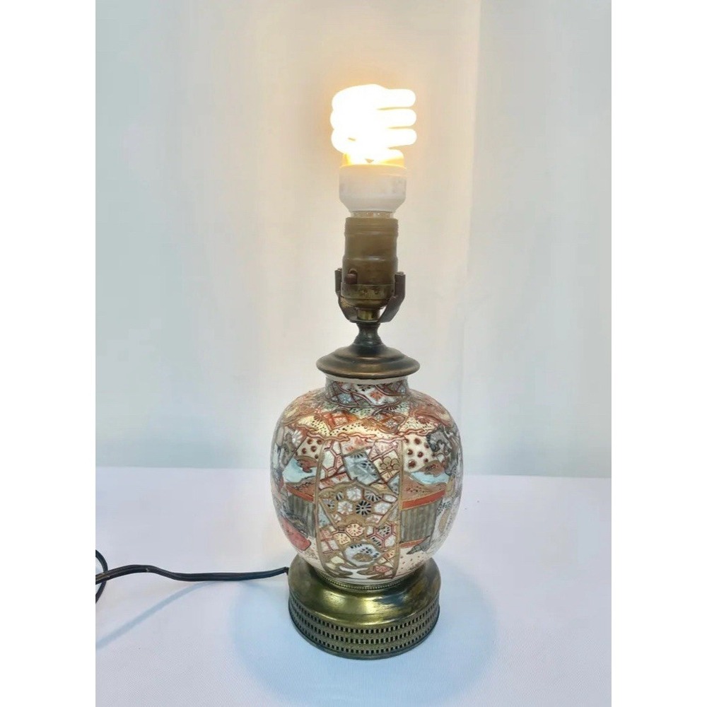 Antique Japanese Satsuma Moriage Table Lamp Hand Painted Vase